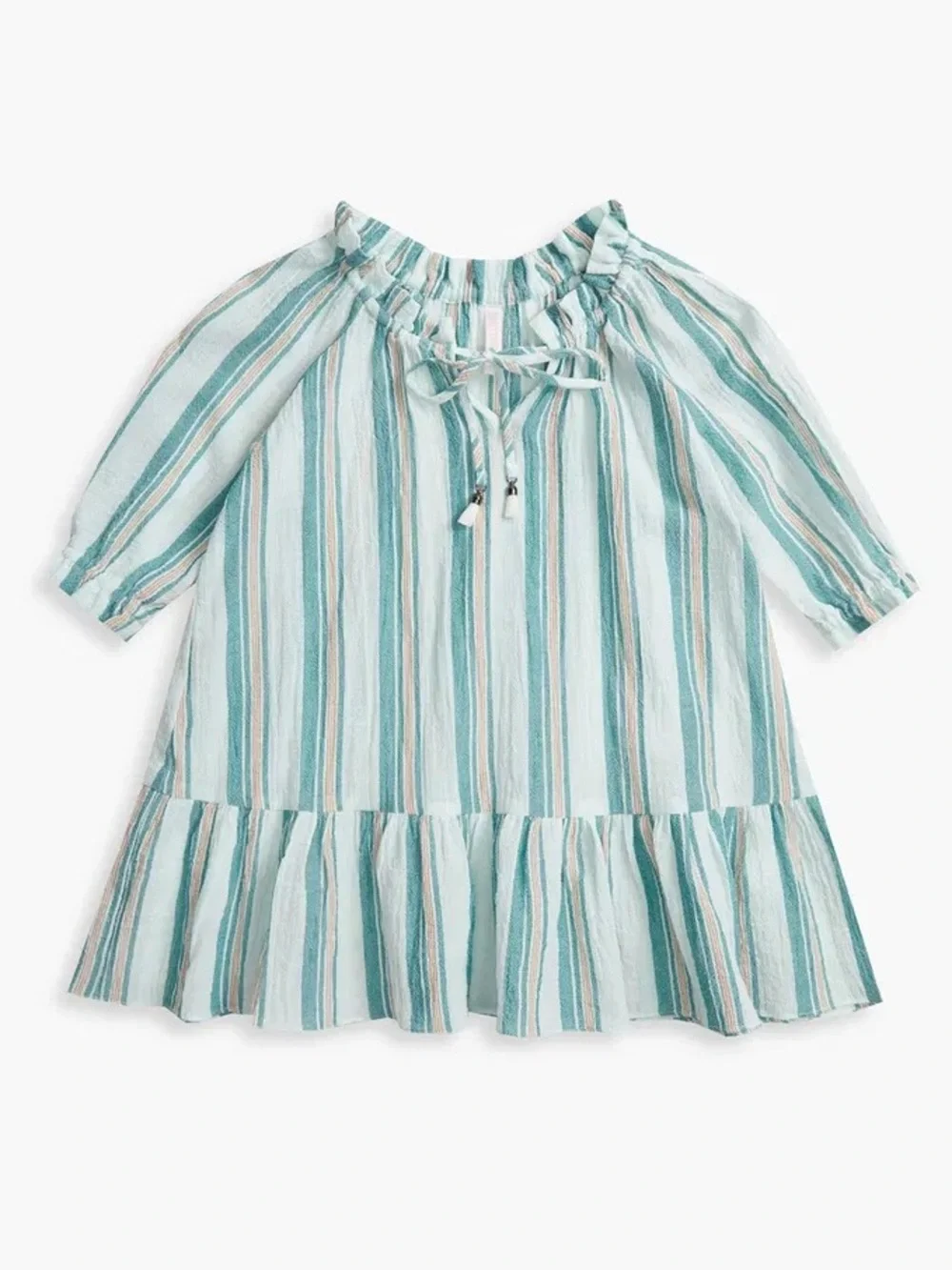 ZIMMERMAN Kids Kali Striped Cotton Dress Blue Green size 6Y Ruffle Hem Tie Neck
